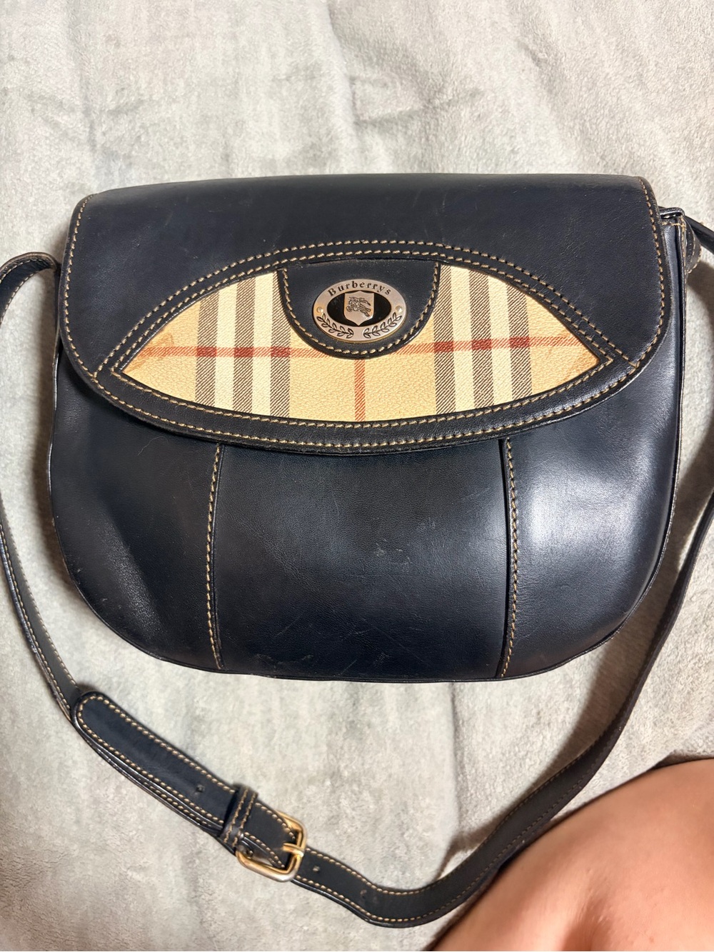 Burberry Black Leather Crossbody with Vintage Check Panel
